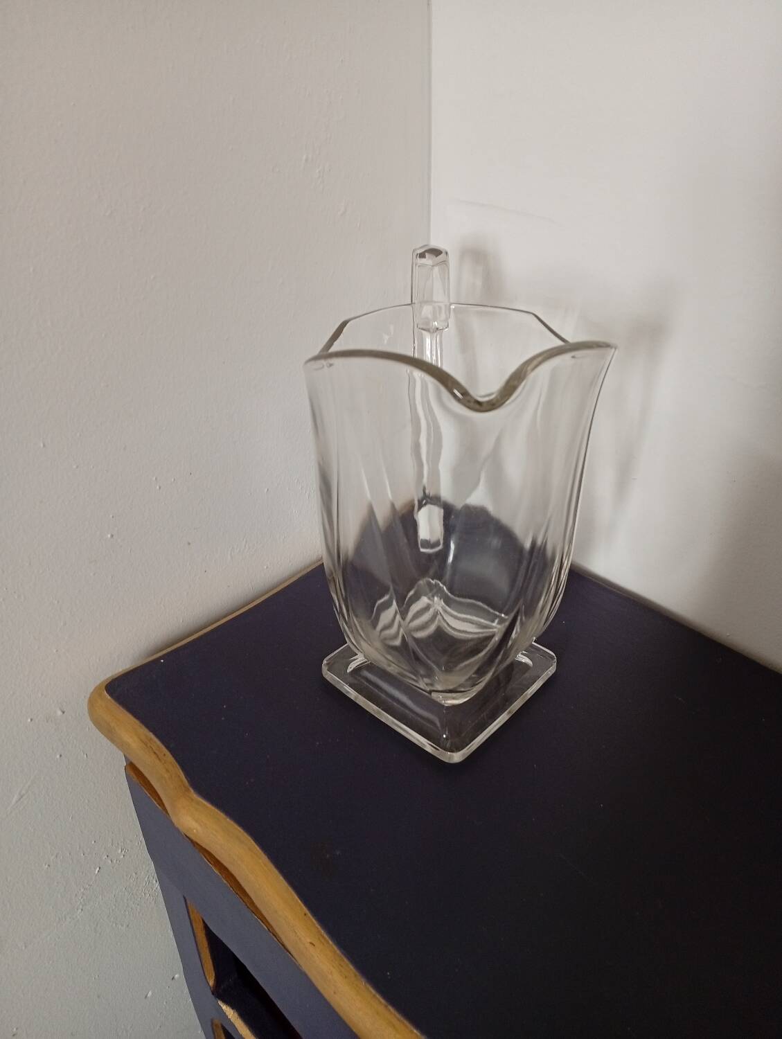 Vintage Art Deco style heavy crystal pitcher, square base.