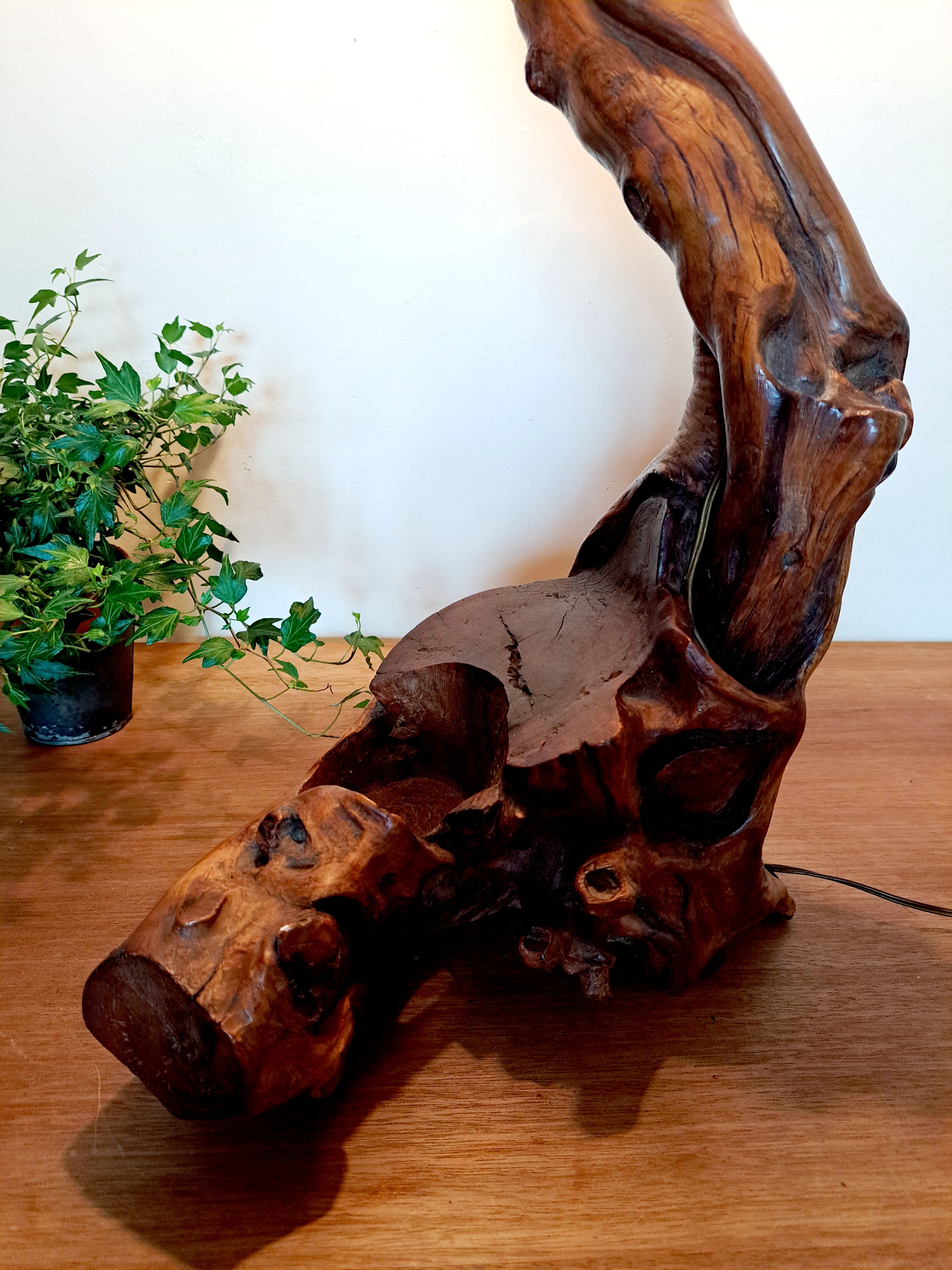 Brutalist lamp in olive wood 1970