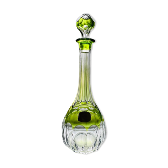 Signed val st lambert crystal large wine decanter, osman pattern, green overlay glass.