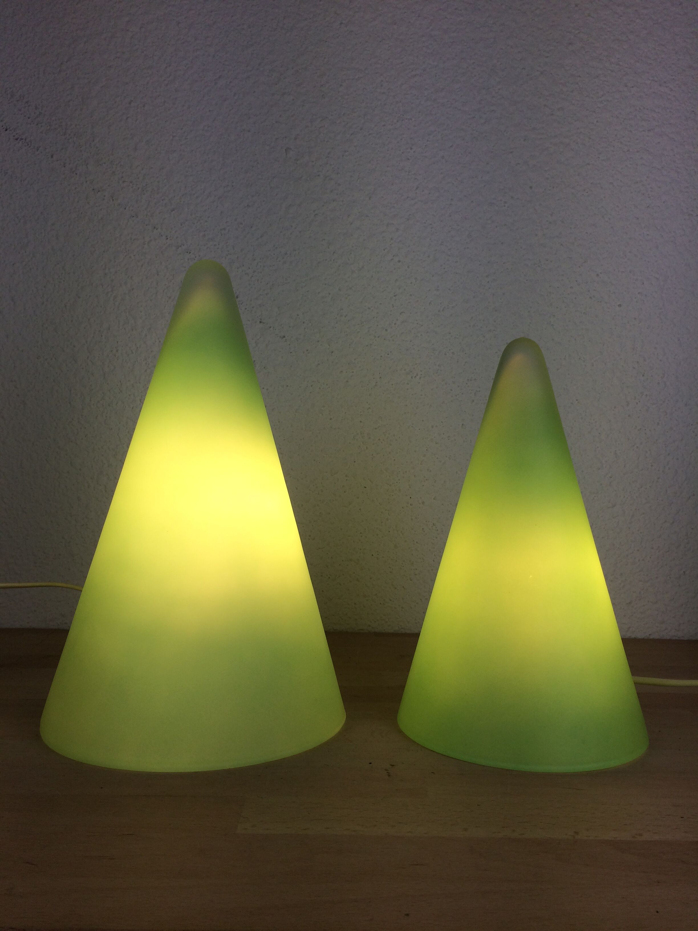 2 Teepee conical lamps by SCE in green glass