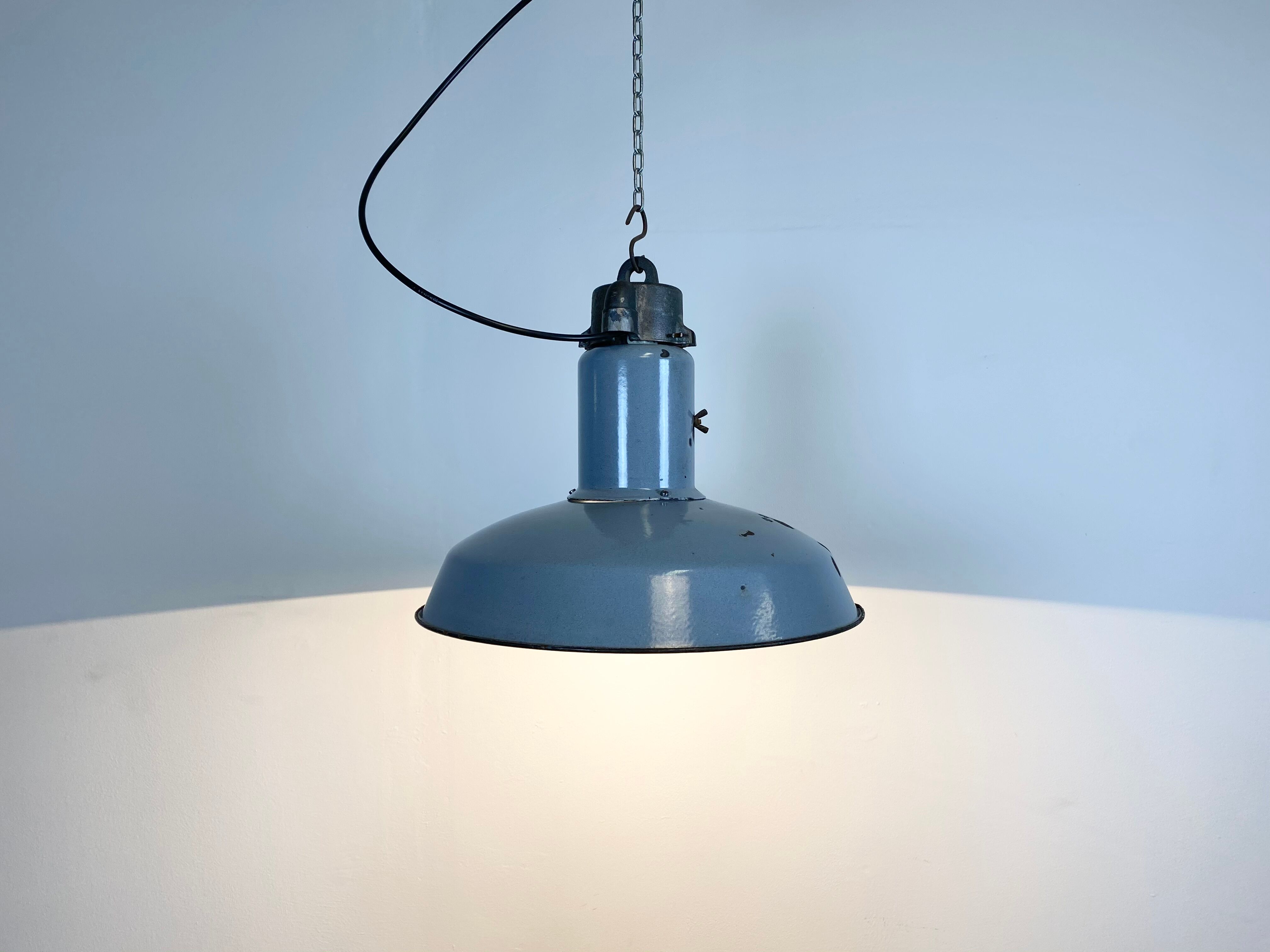 Midcentury grey enamel industrial ceiling lamp, 1950s