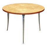 High table in solid raw wood and cast aluminum.