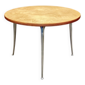 High table in solid raw wood and cast aluminum.