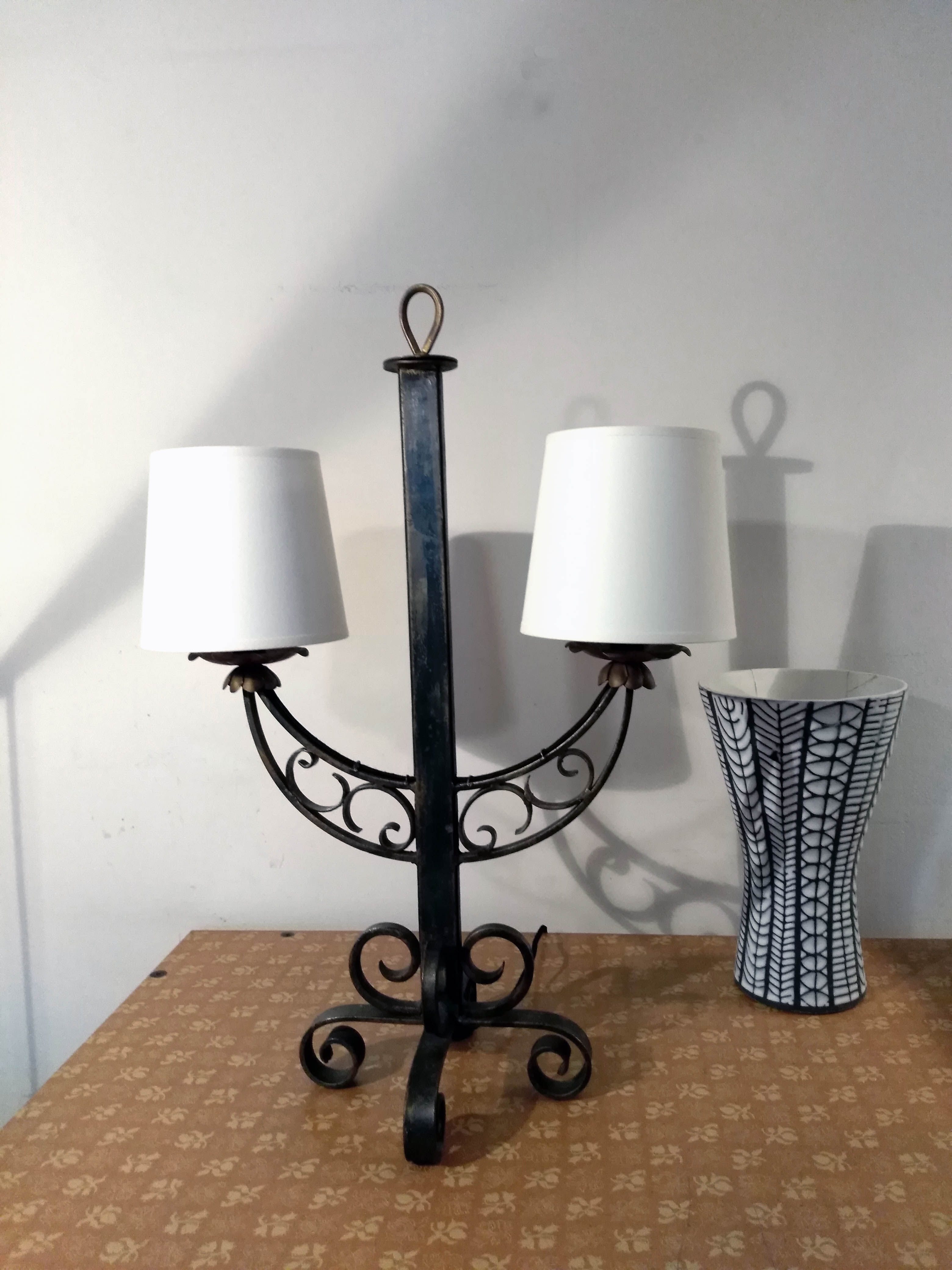 Table lamp, patinated wrought iron, 50s.