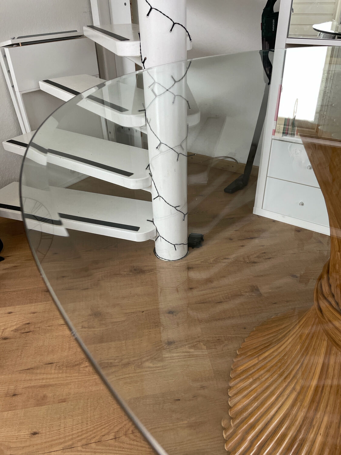 McGuire Bamboo Table – wheat sheaf base, round glass top