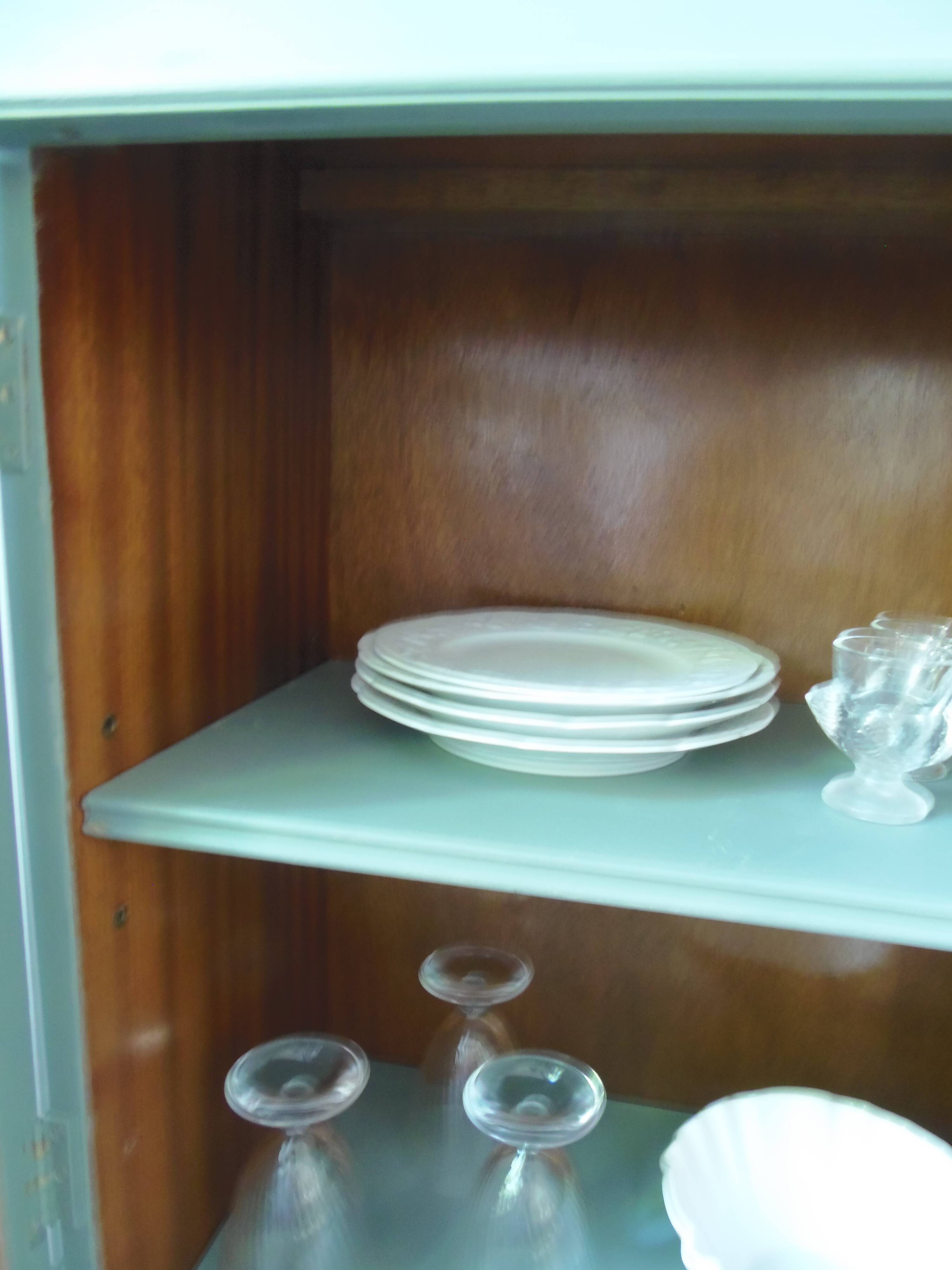 English sideboard, shallow, smoky green, wooden top.