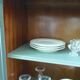 English sideboard, shallow, smoky green, wooden top.