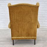 1970s, Danish high back armchair, furniture velour, oak wood legs.