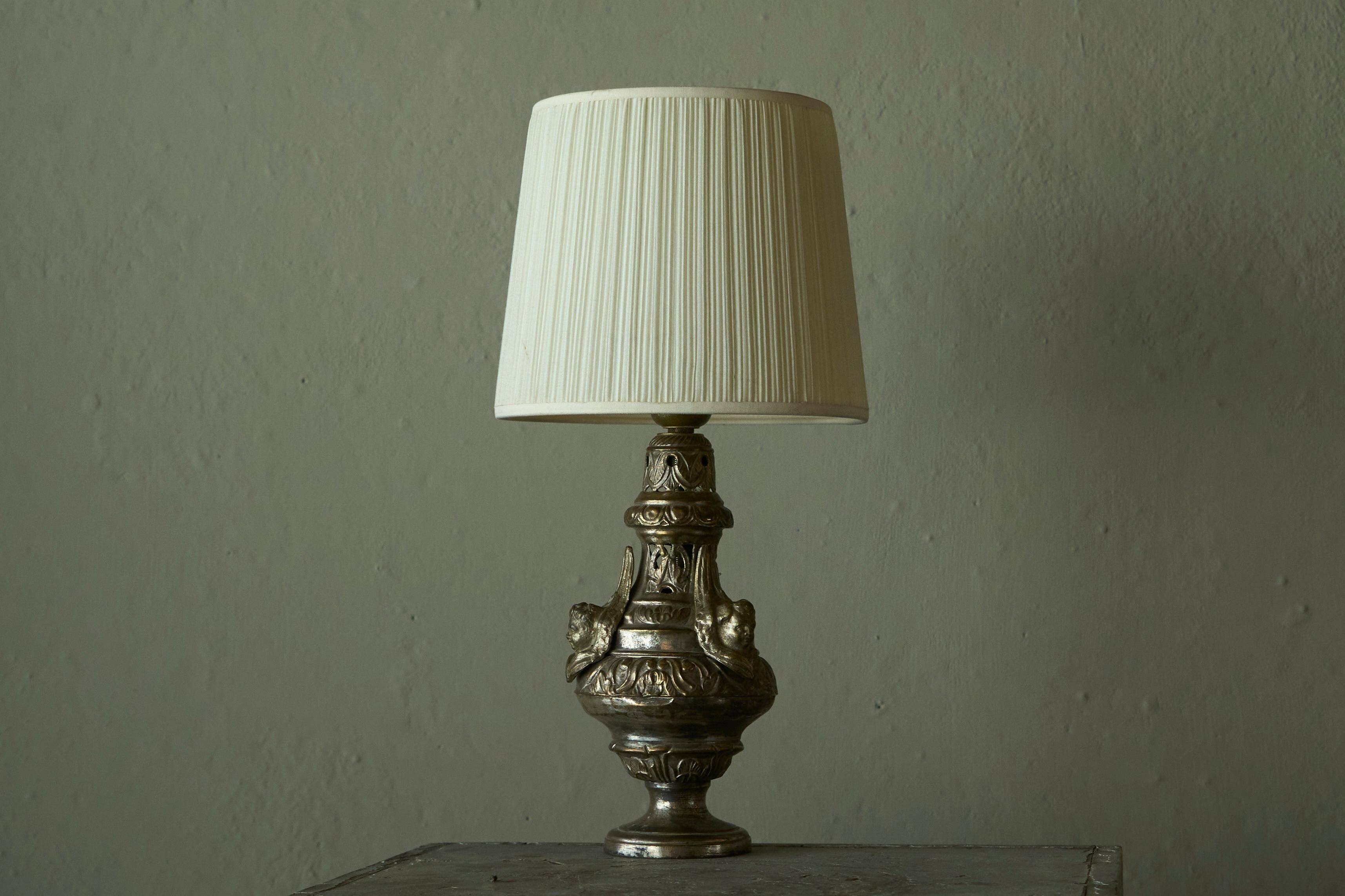 Antique Table Lamp in Patinated Brass and Silver, 19th Century
