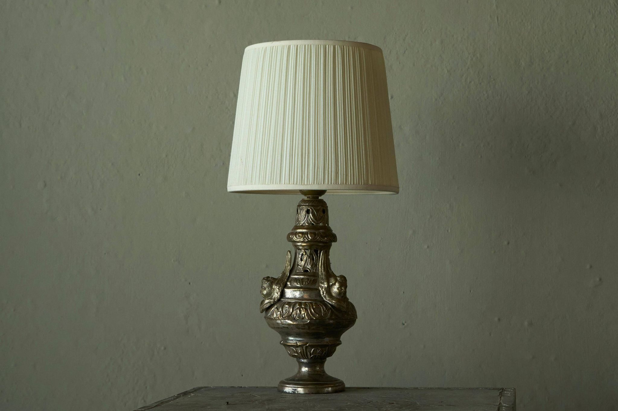 Antique Table Lamp in Patinated Brass and Silver, 19th Century