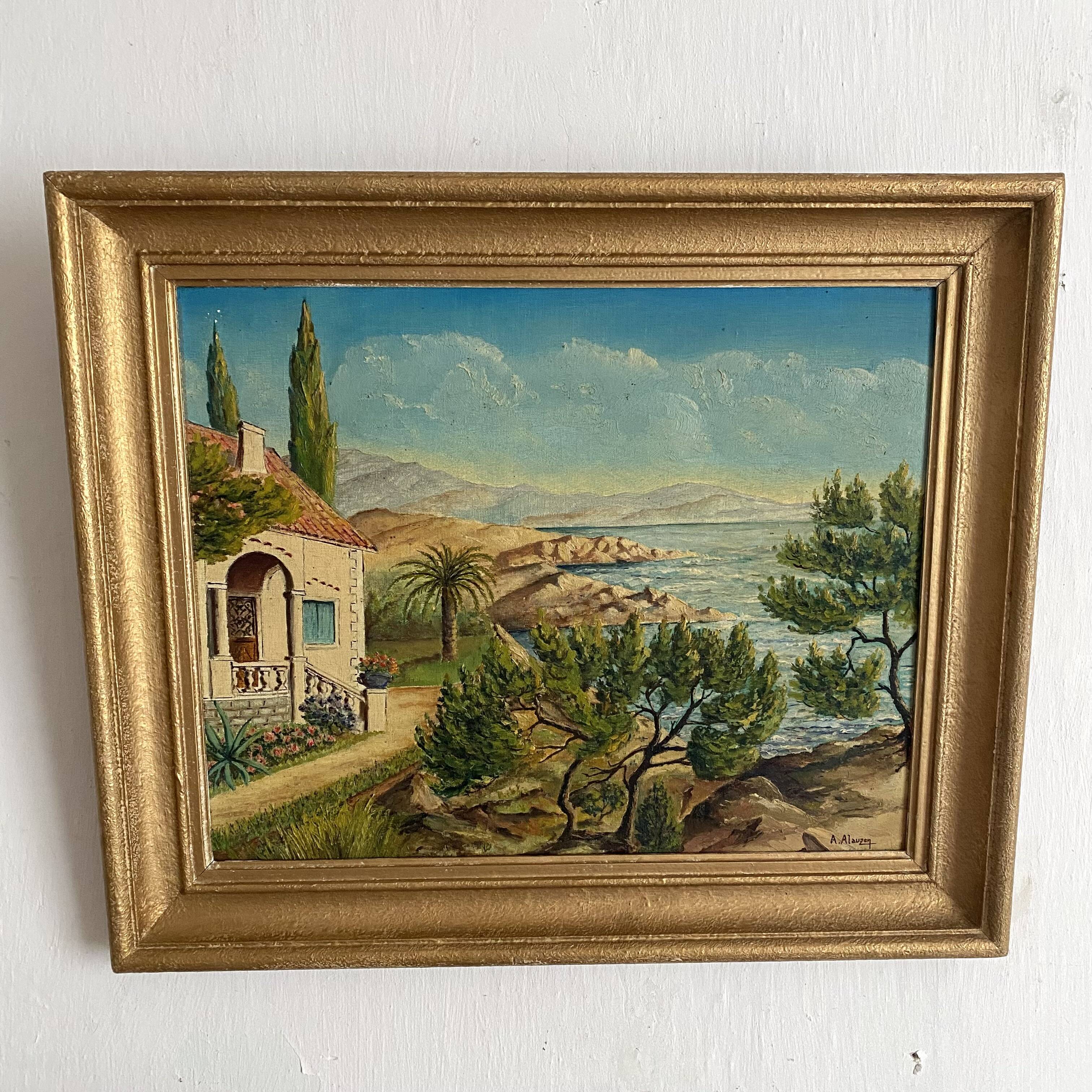 Seaside painting of the Mediterranean, oil on cardboard signed A. Alauzen.