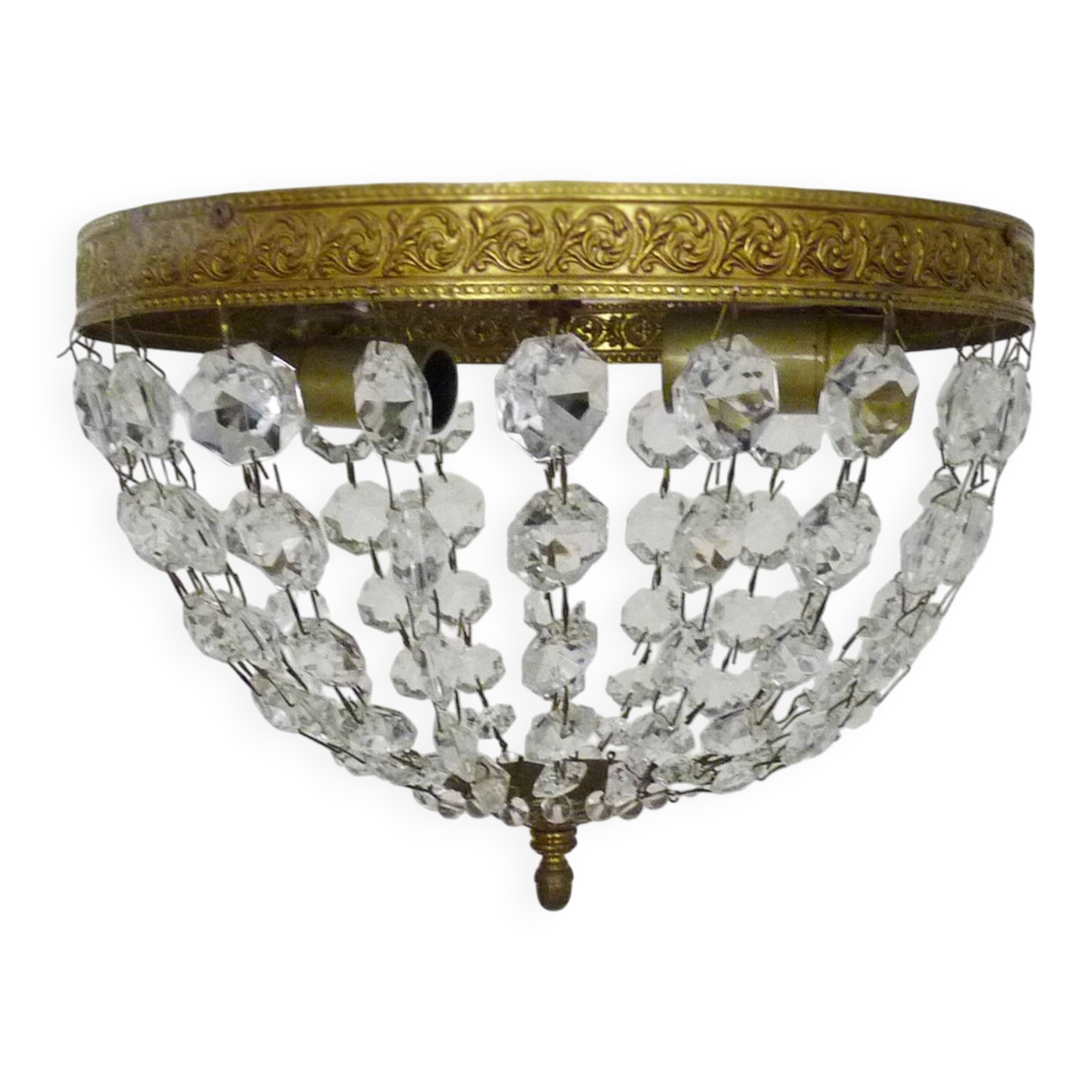 Old crown ceiling light with 2 bulbs, half basket with glass pendants.