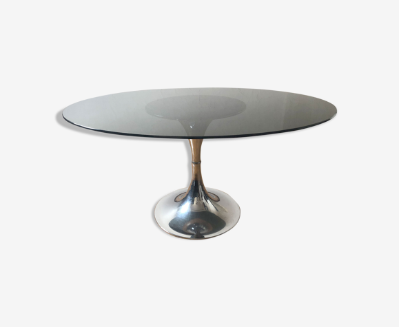 Table ovale Gastone Rinaldi circa 70 pied tulipe chromé verre fumé | Selency