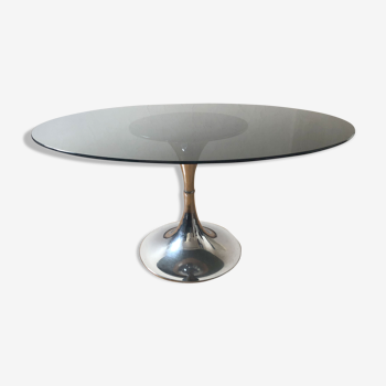 Table ovale Gastone Rinaldi circa 70 pied tulipe chromé verre fumé