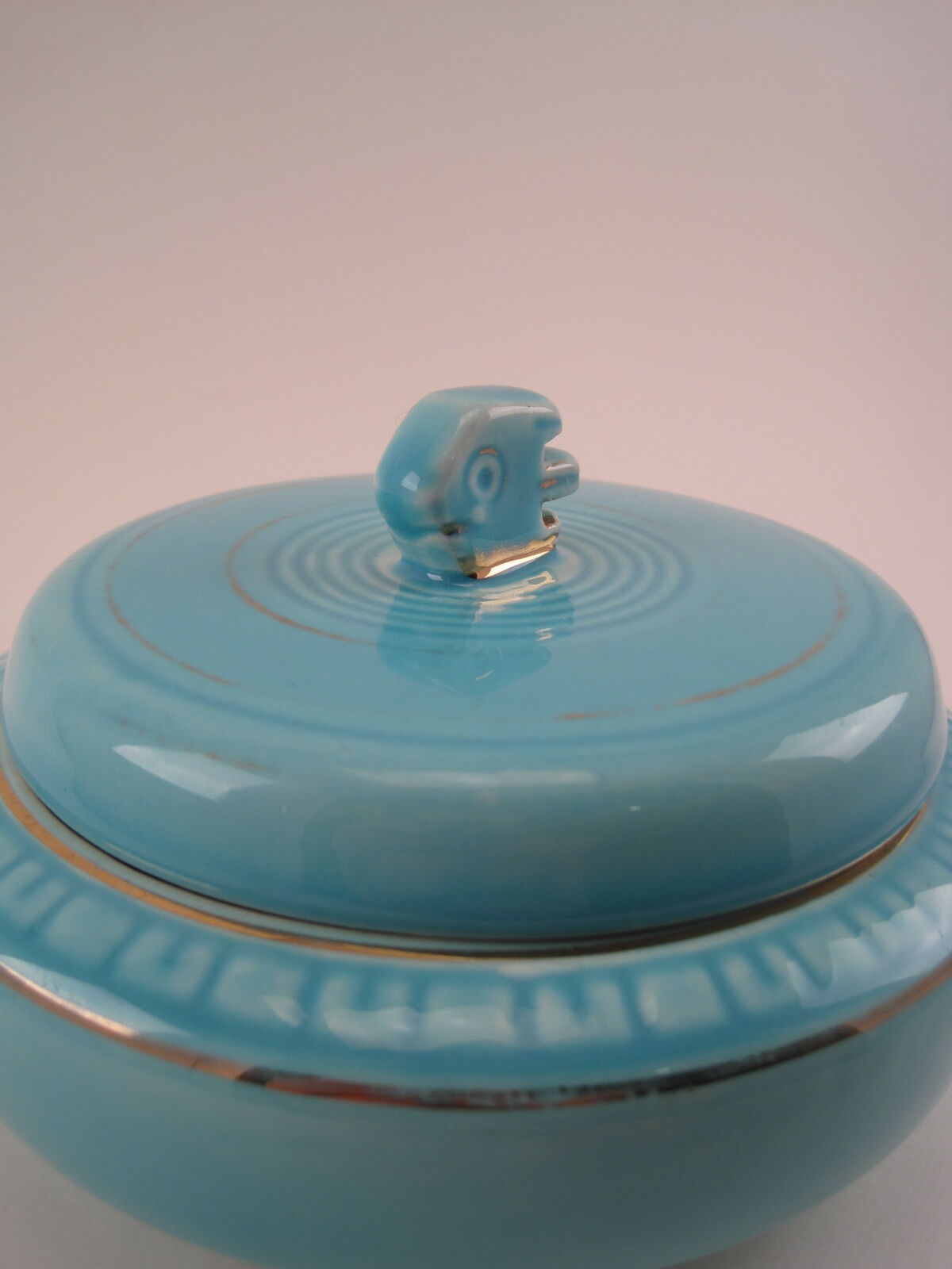 Turquoise blue earthenware candy box decorating stylized frieze fish Art Deco