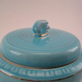 Turquoise blue earthenware candy box decorating stylized frieze fish Art Deco