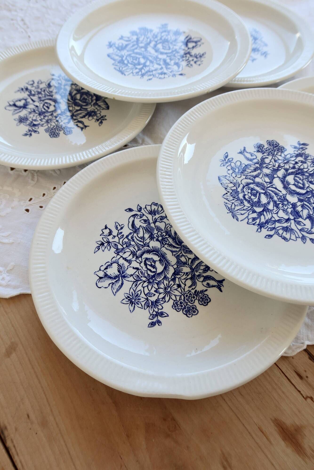 6 vintage porcelain dessert plates – Blue floral bouquet design