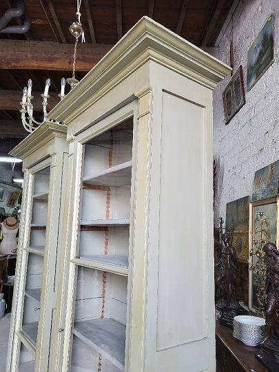 Magnificent pair of green painted fir bookcase display cabinet early 20th century