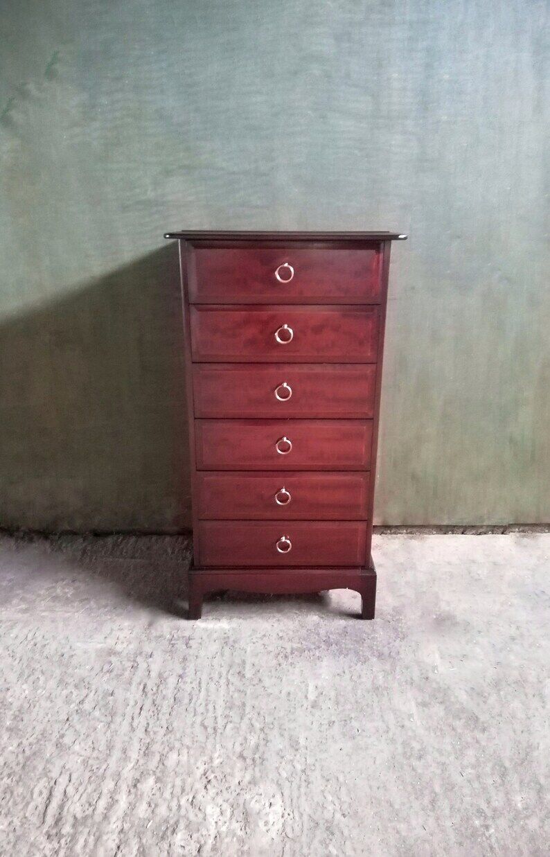 Midcentury 1970s stag minstrel six drawer narrow chest of drawers tallboy by John and Sylvia Reid