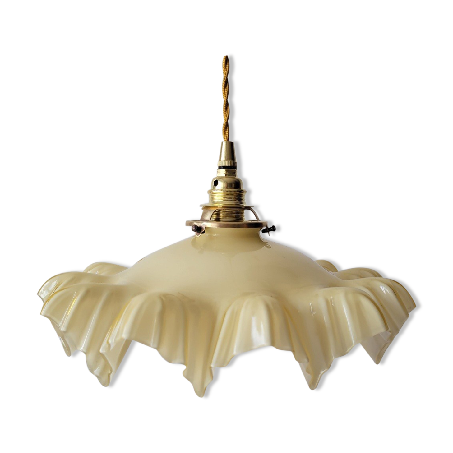 Suspension En Chaîne Laiton Avec Abat-Jour Opaline Jaune Ocre - 25 Cm - LED - Style Campagne - Neuf