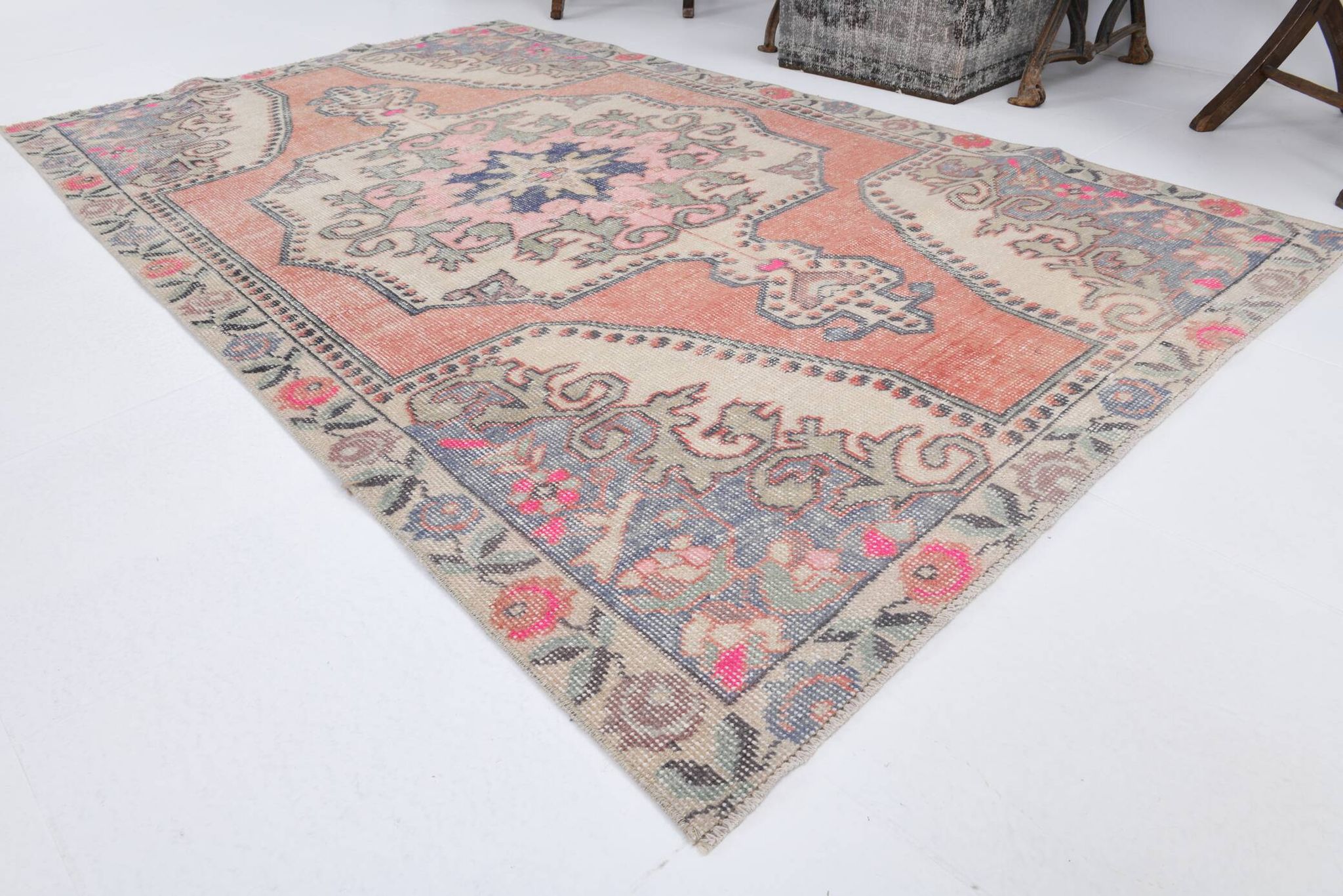 4x7 Pale Orange & Beige Oriental Wool Turkish Vintage Rug, 127x210Cm SK 6787