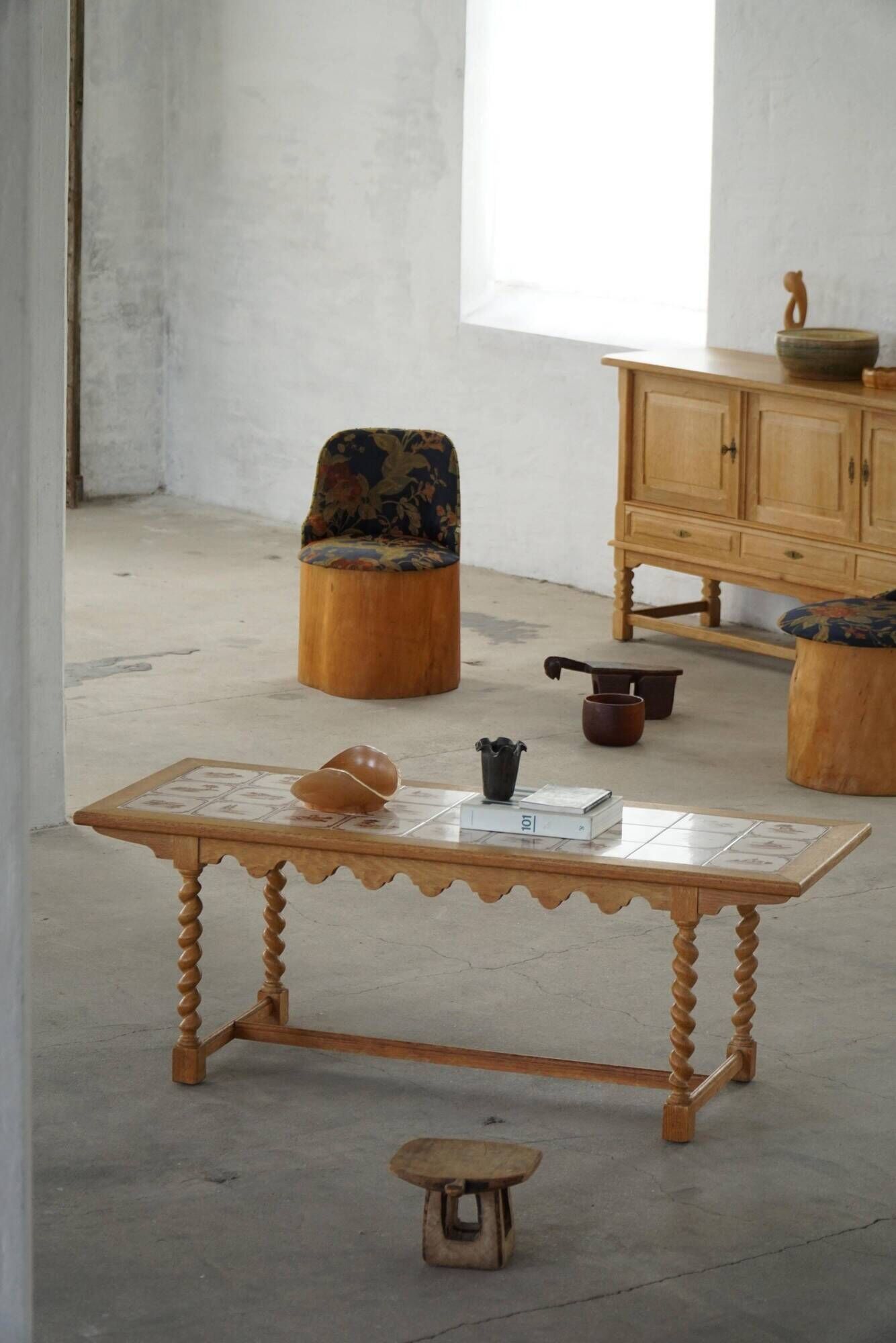 Mid-century modern Danish coffee table in oak with a ceramic top, 1950s.