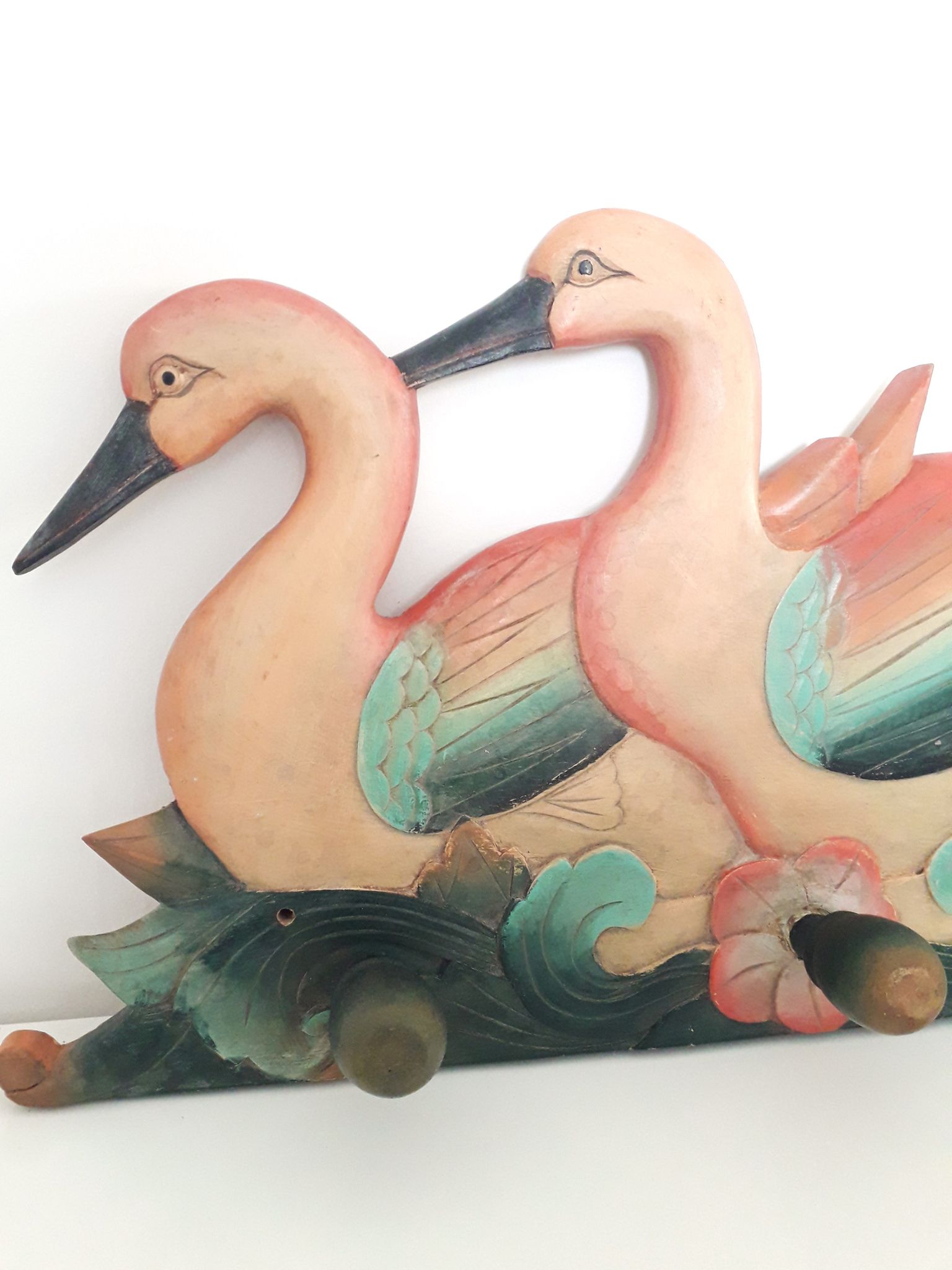 Vintage wall coat rack - Carved wood duck patterns - 1900
