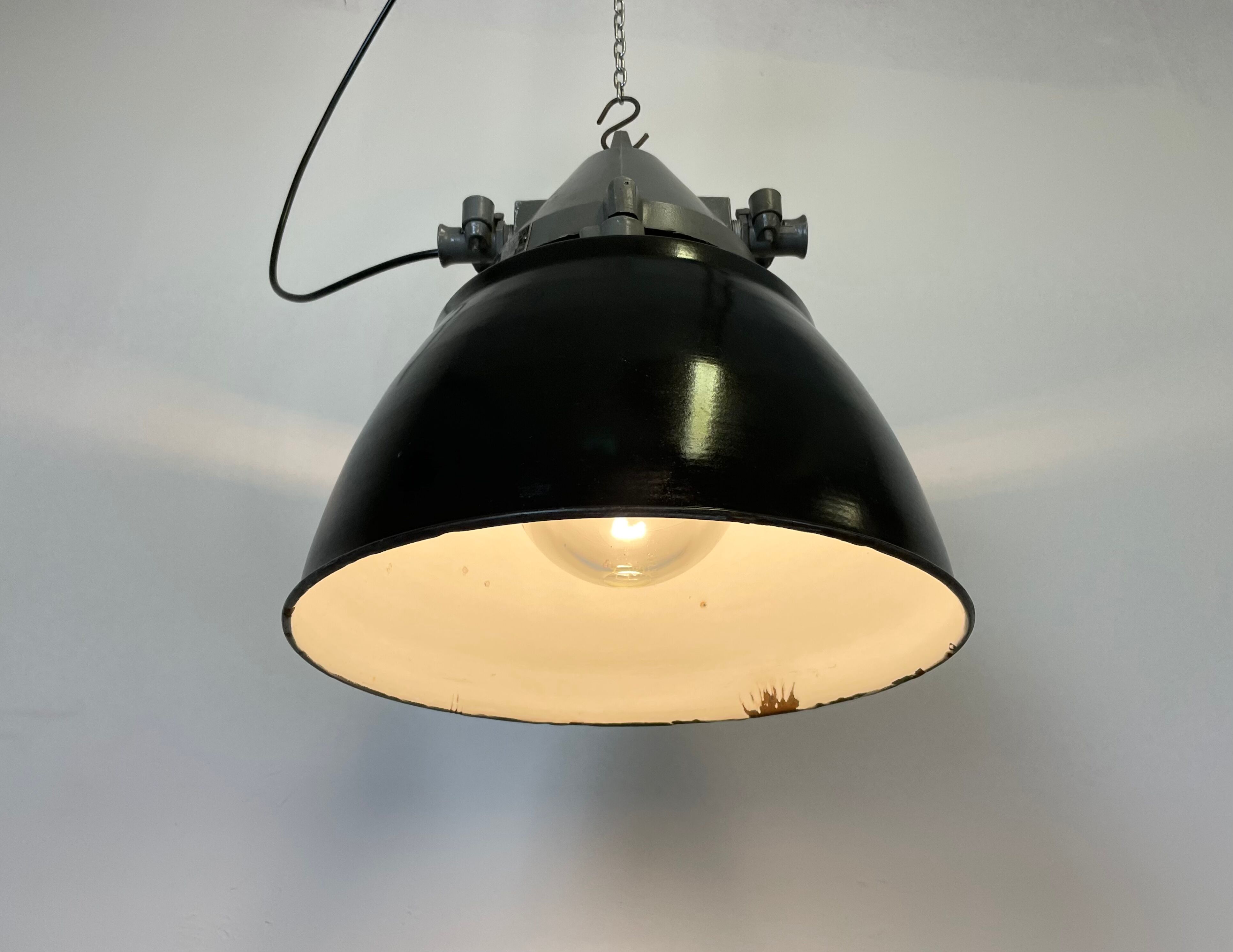 Dark grey explosion proof lamp with black enameled shade, 1970s