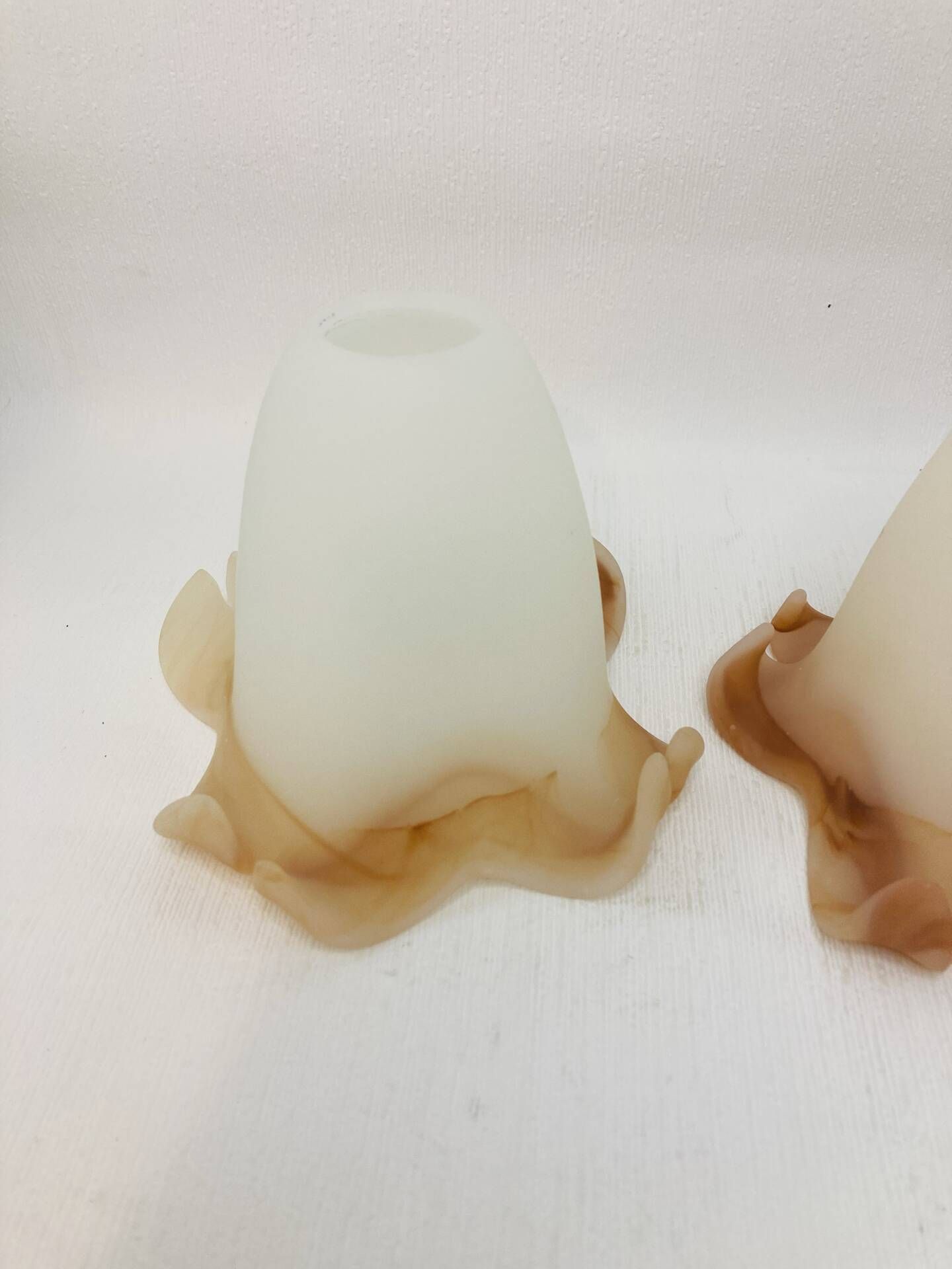 Pair of vintage opaline tulip lampshades with caramel marbled frill edge.