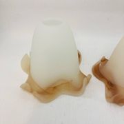 Pair of vintage opaline tulip lampshades with caramel marbled frill edge.