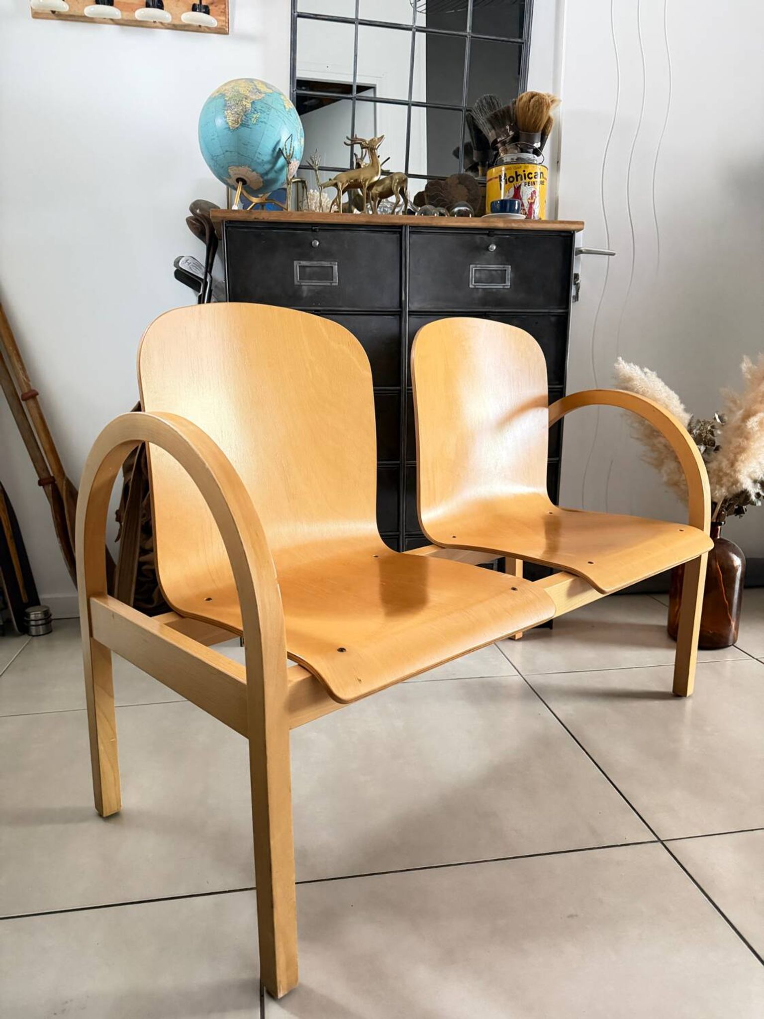 Vintage blonde wood two-seater bench by Baumann