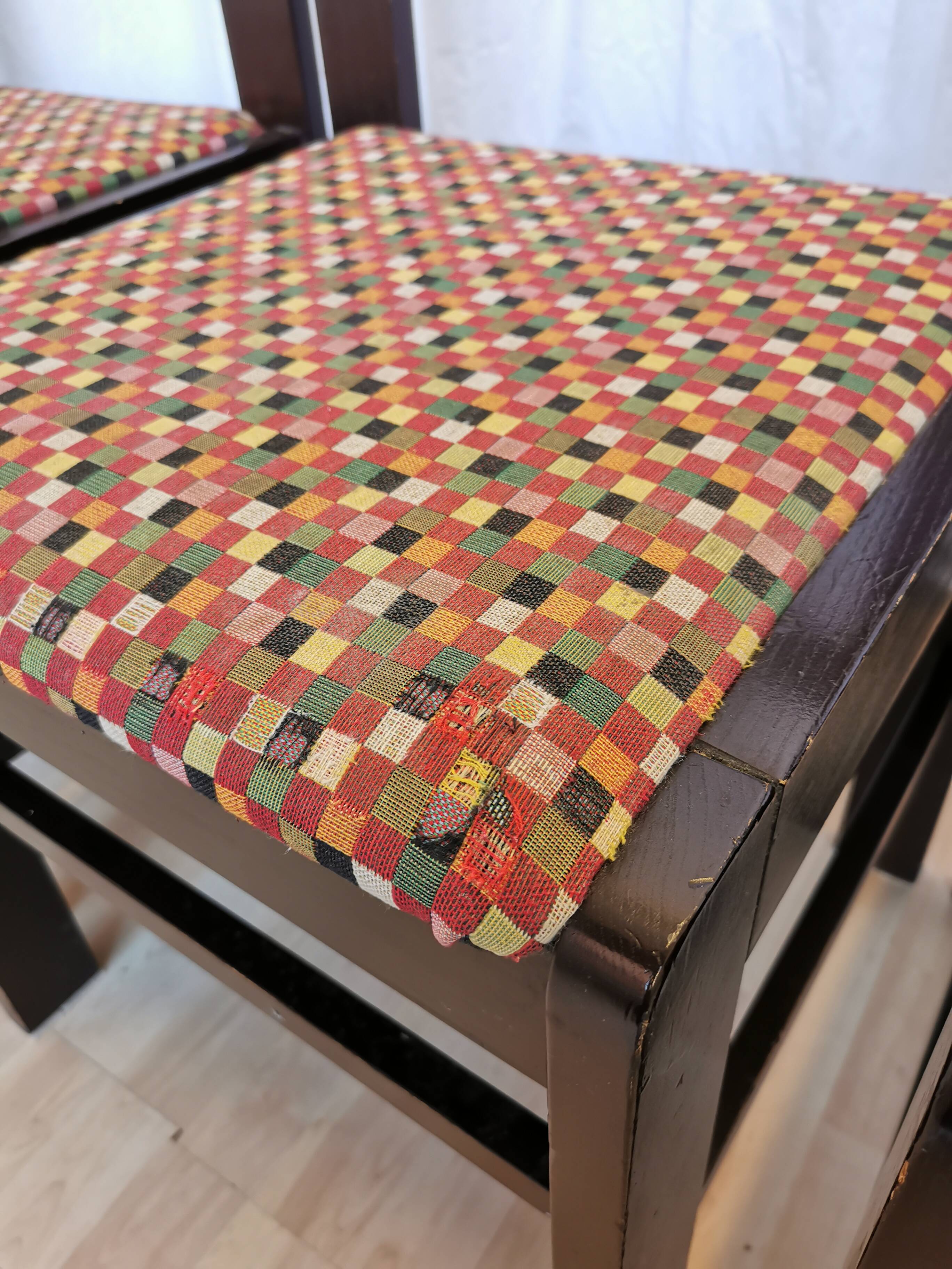 Vintage Black Wooden Dining Chairs: Retro Fabric Seats, 1970s Yugoslavia (S