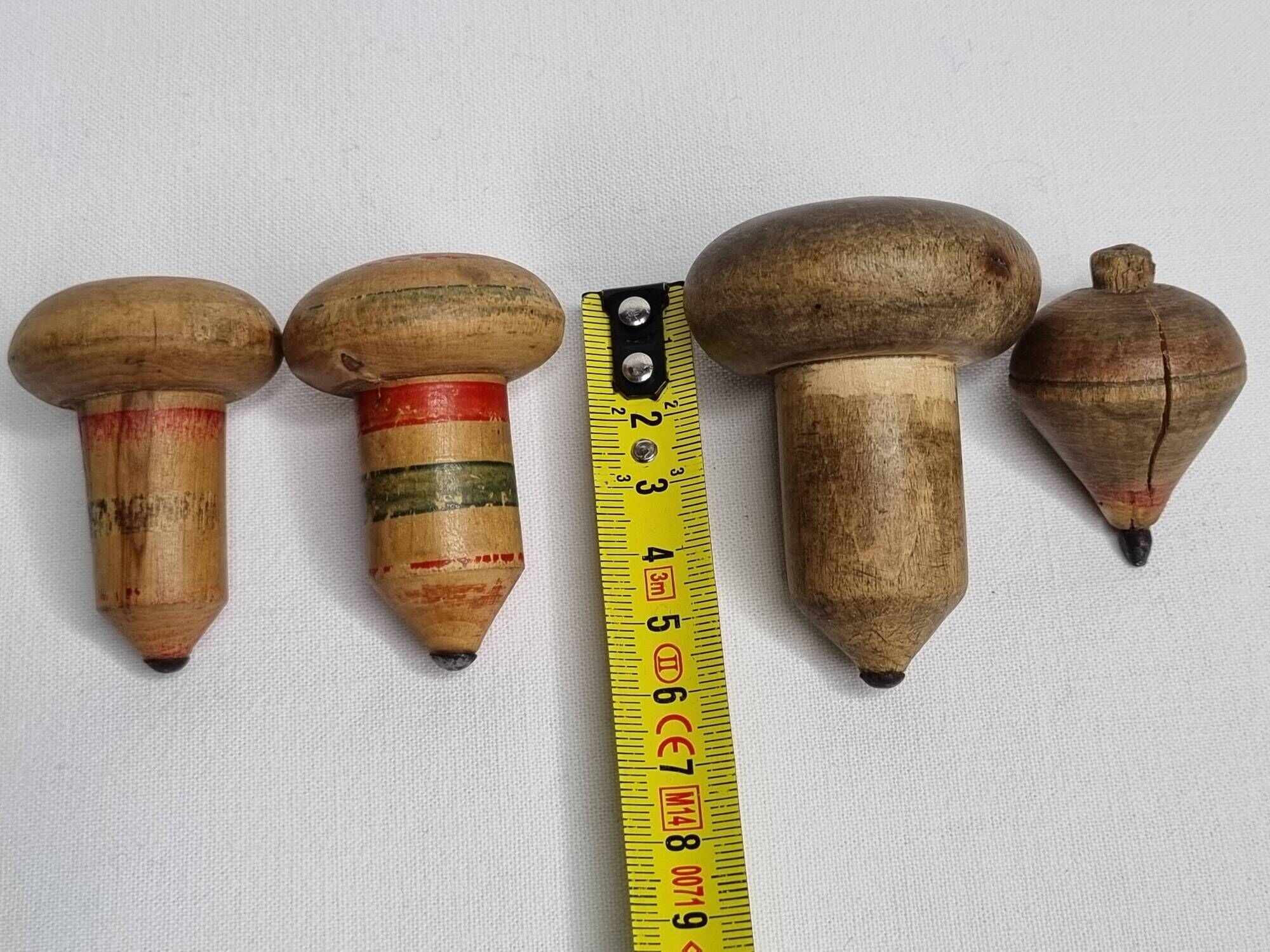 Set of 4 Antique Wooden Spinning Tops – Hand Painted Vintage Toys