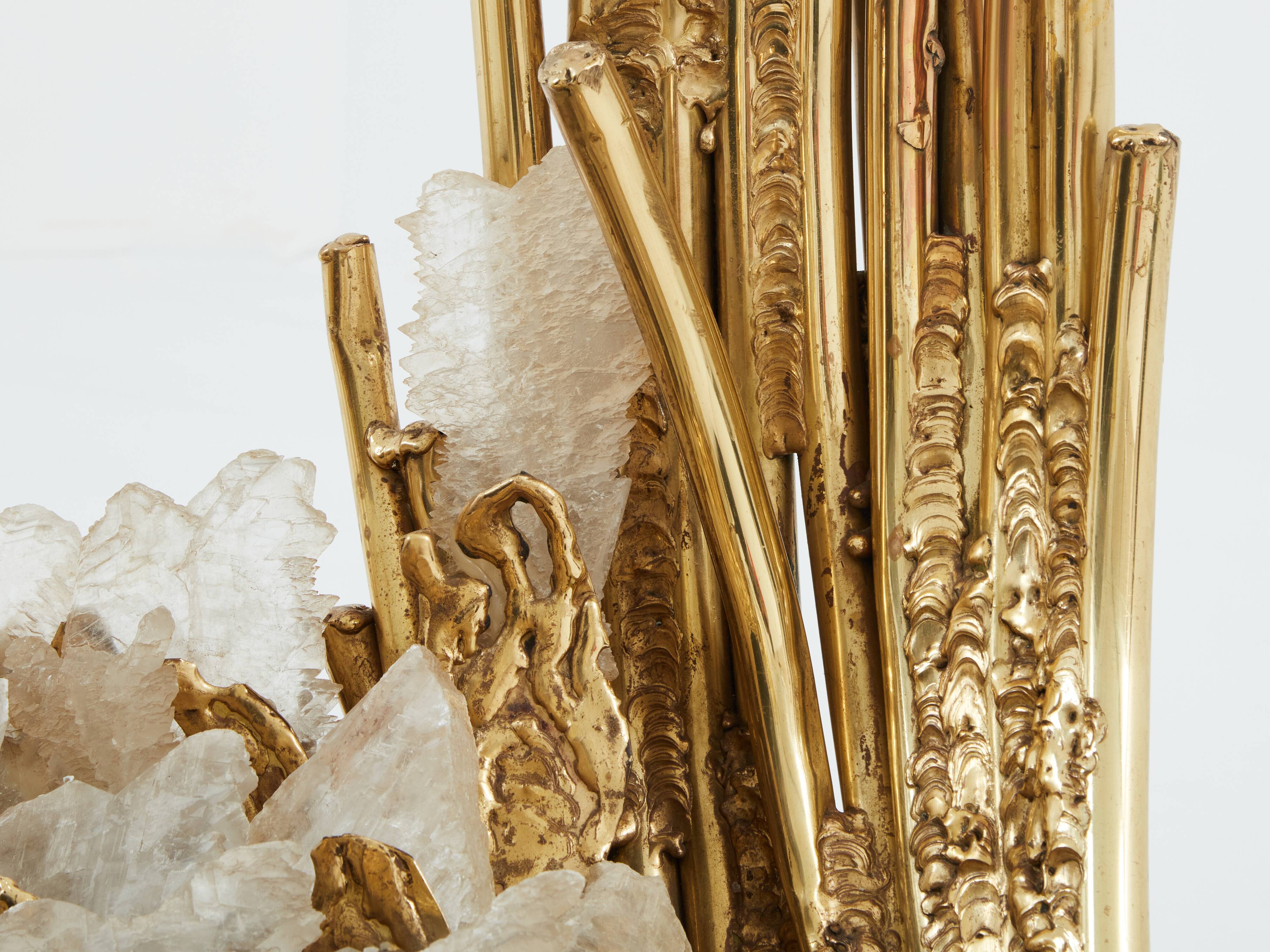 Dining table brass sculpture rock crystals Isabelle Faure 1970