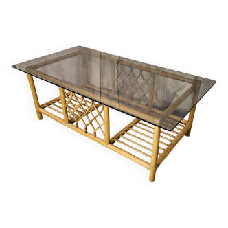 Rattan coffee table with smoked glass top 1970