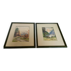 Paire de cadres à l'aquarelle