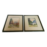 Pair of frames with watercolour landscapes of nature
