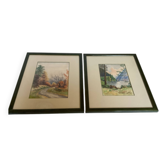 Paire de cadres à l'aquarelle paysages de nature