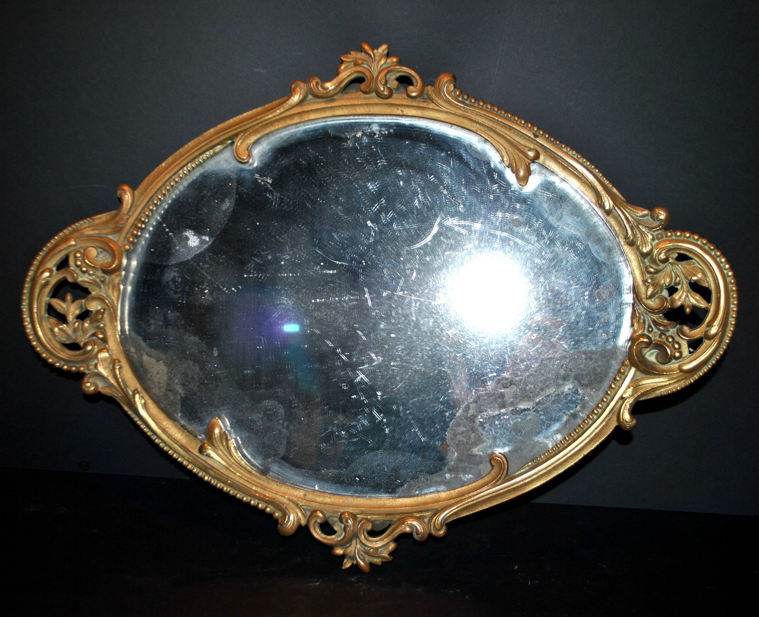 Antique mirror tray Centerpiece mainly in bronze and mercury glass