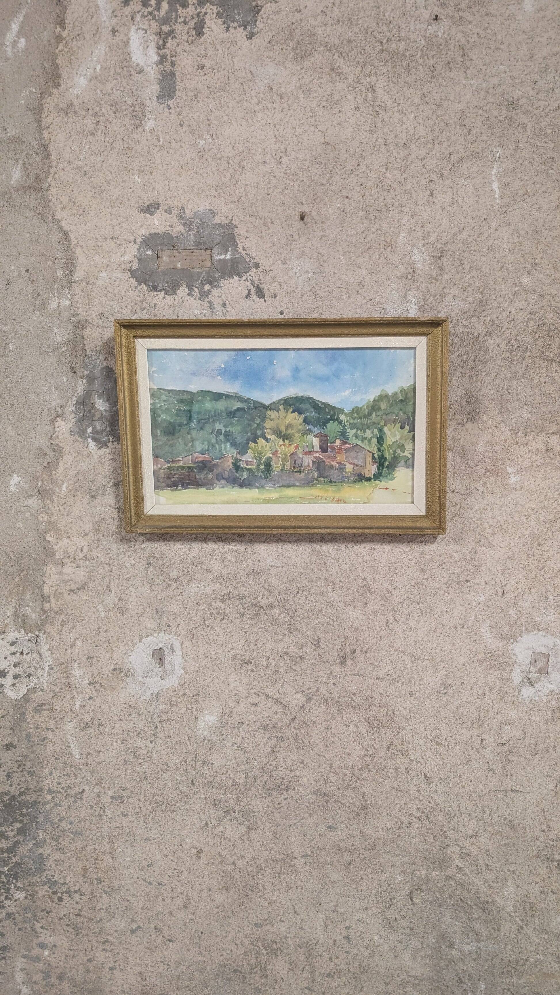 Vintage watercolor – Village at the foot of the hills