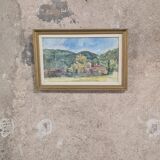 Vintage watercolor – Village at the foot of the hills