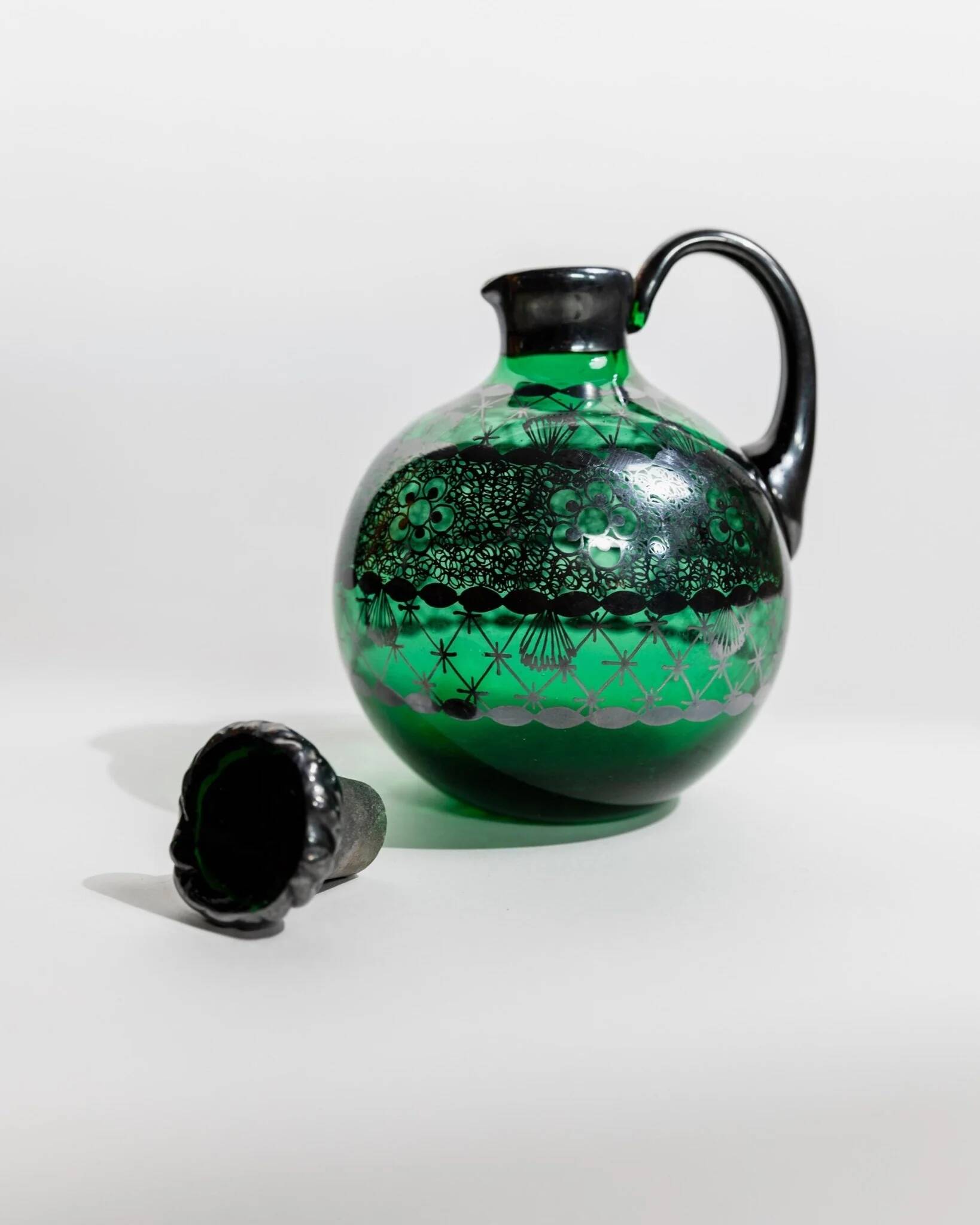 Vintage Murano Green Glass Liqueur Set with Hand-Painted Silver Decor – Decanter and Four Glasses, Italy, 1930s