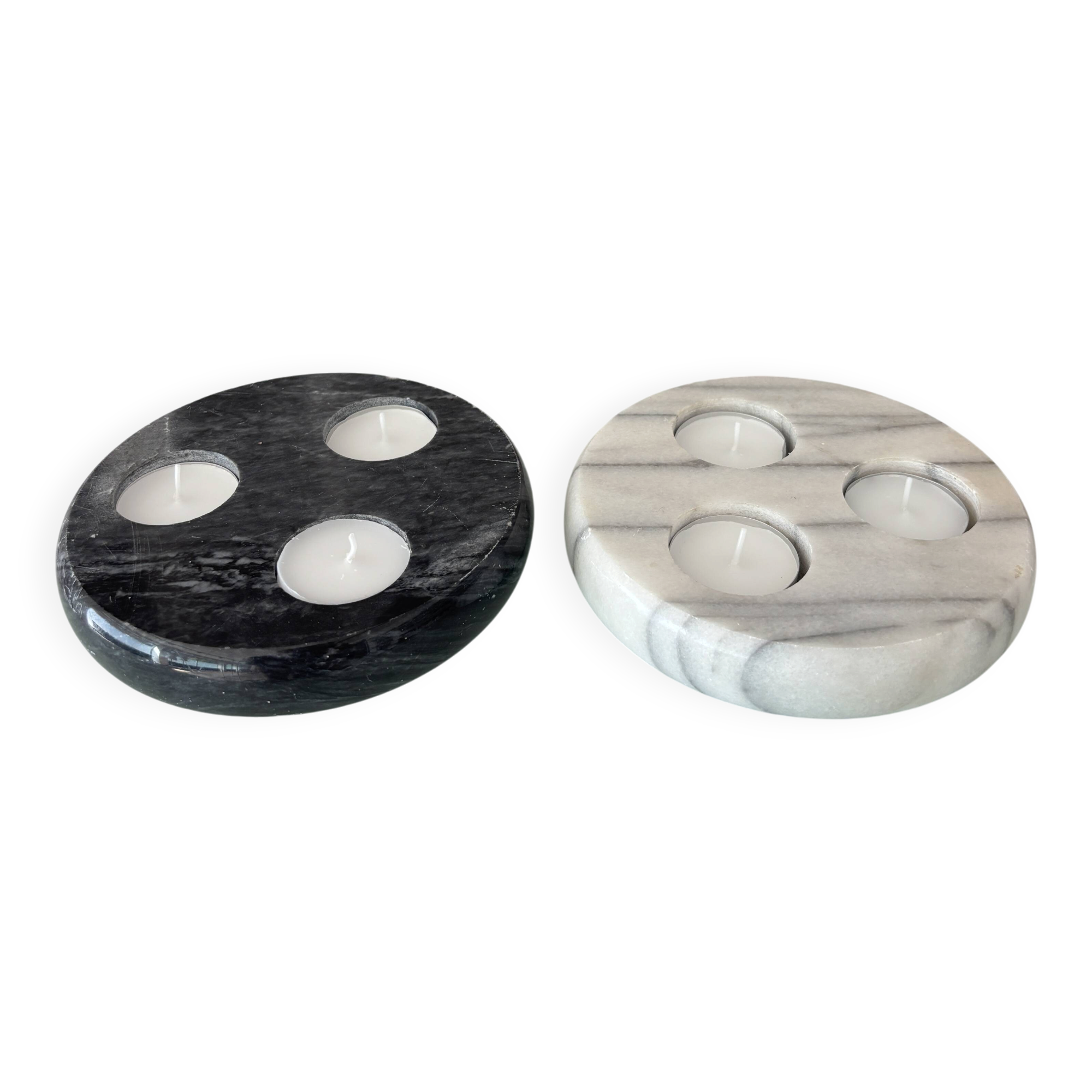 Pair of Vintage Marble Triple Tealight Candle Holders – Black & White
