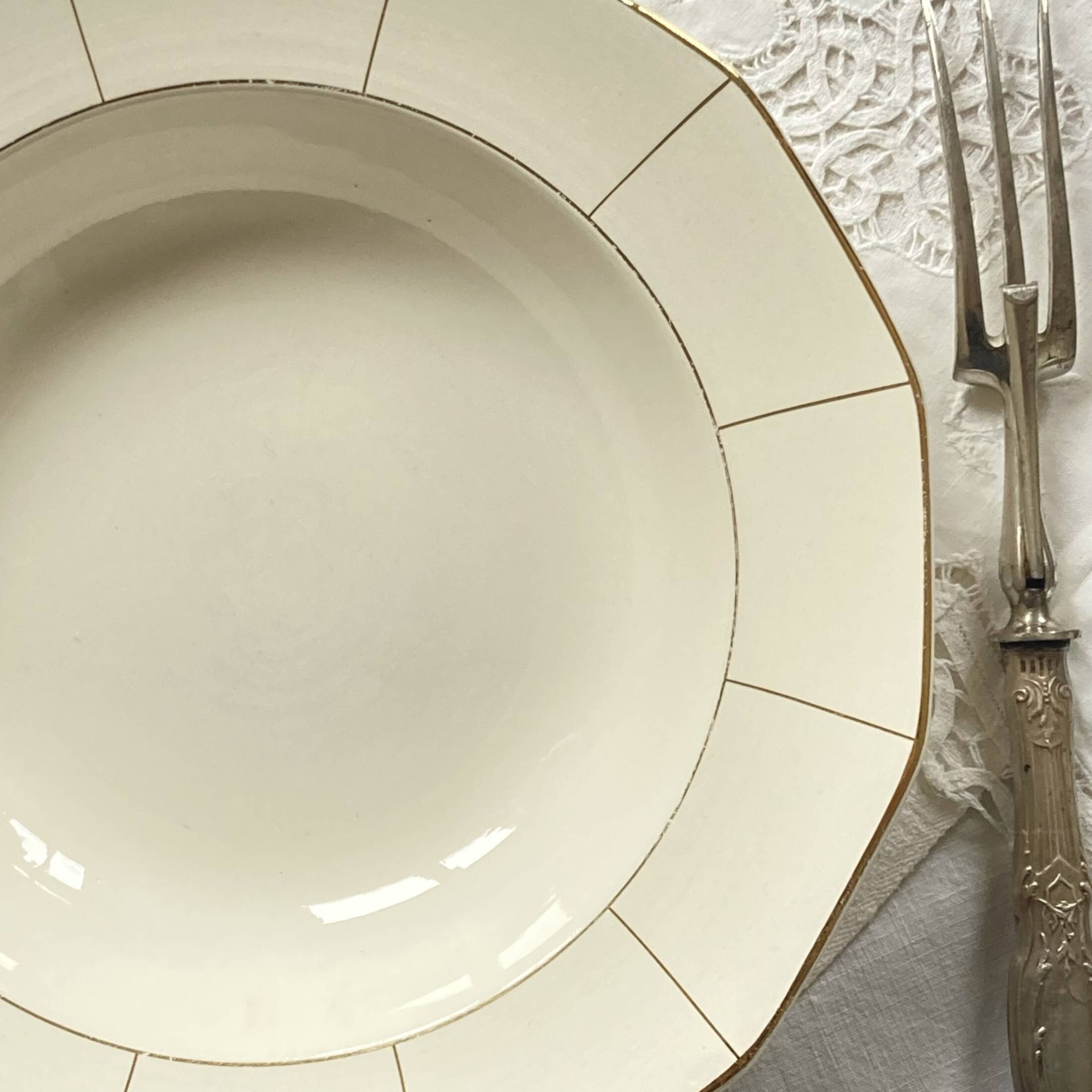 Hollow serving dish in old Badonviller earthenware, off-white and vintage gold, tableware