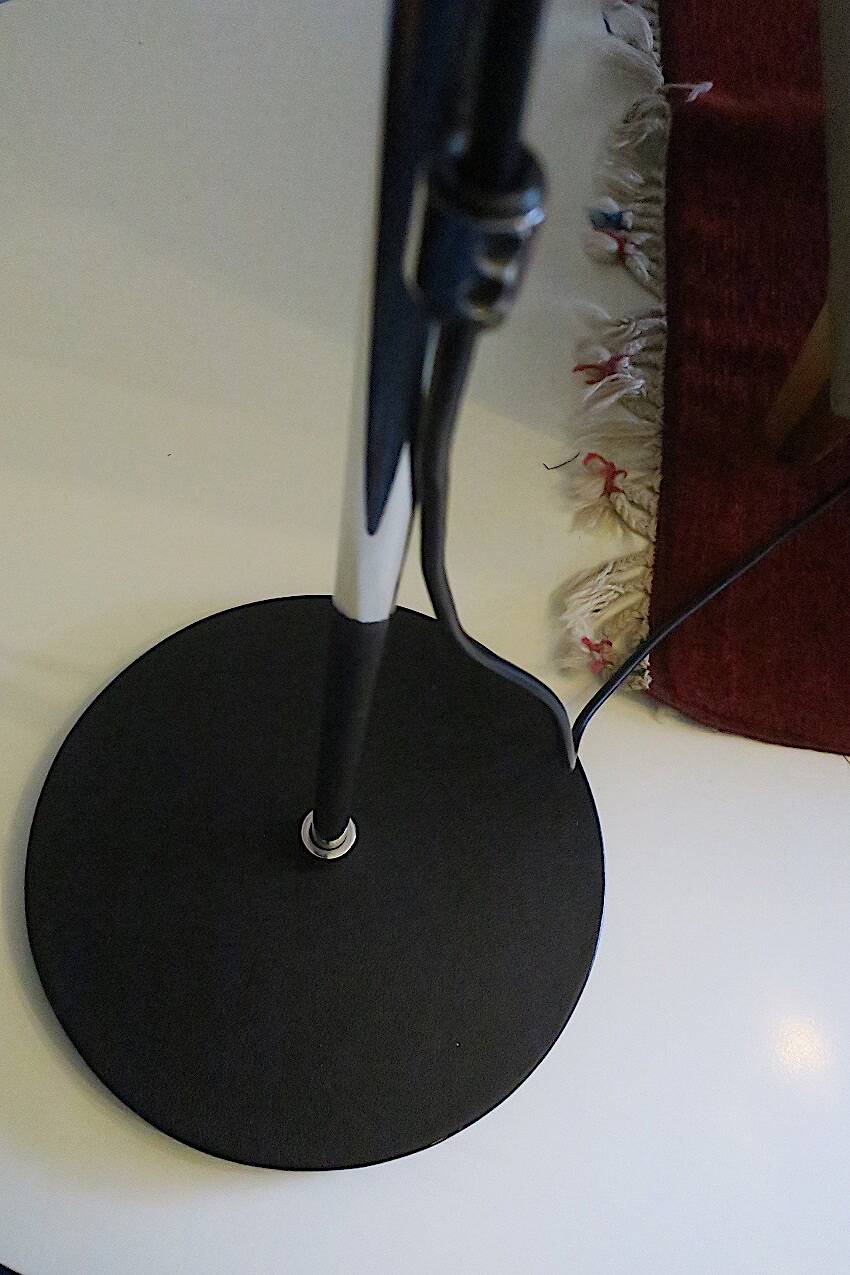 Staff patchwork floor lamp, parchment shade and black leather foot, 1960s