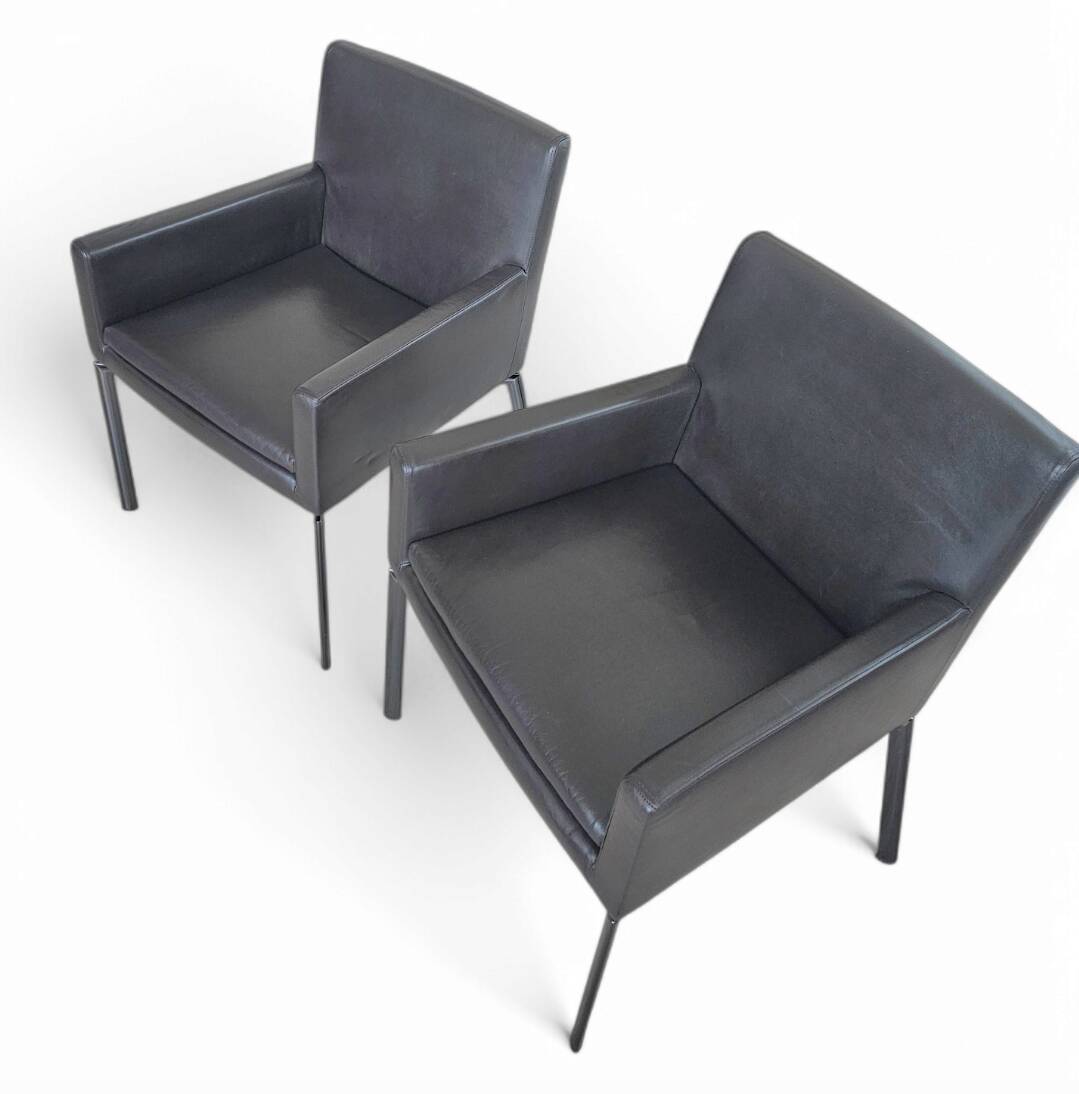 Pair manet minotti arm chairs 2004 / dark brown leather / chrome