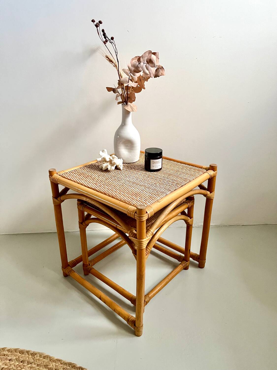 Tables gigognes bambou rotin osier - 1950/60