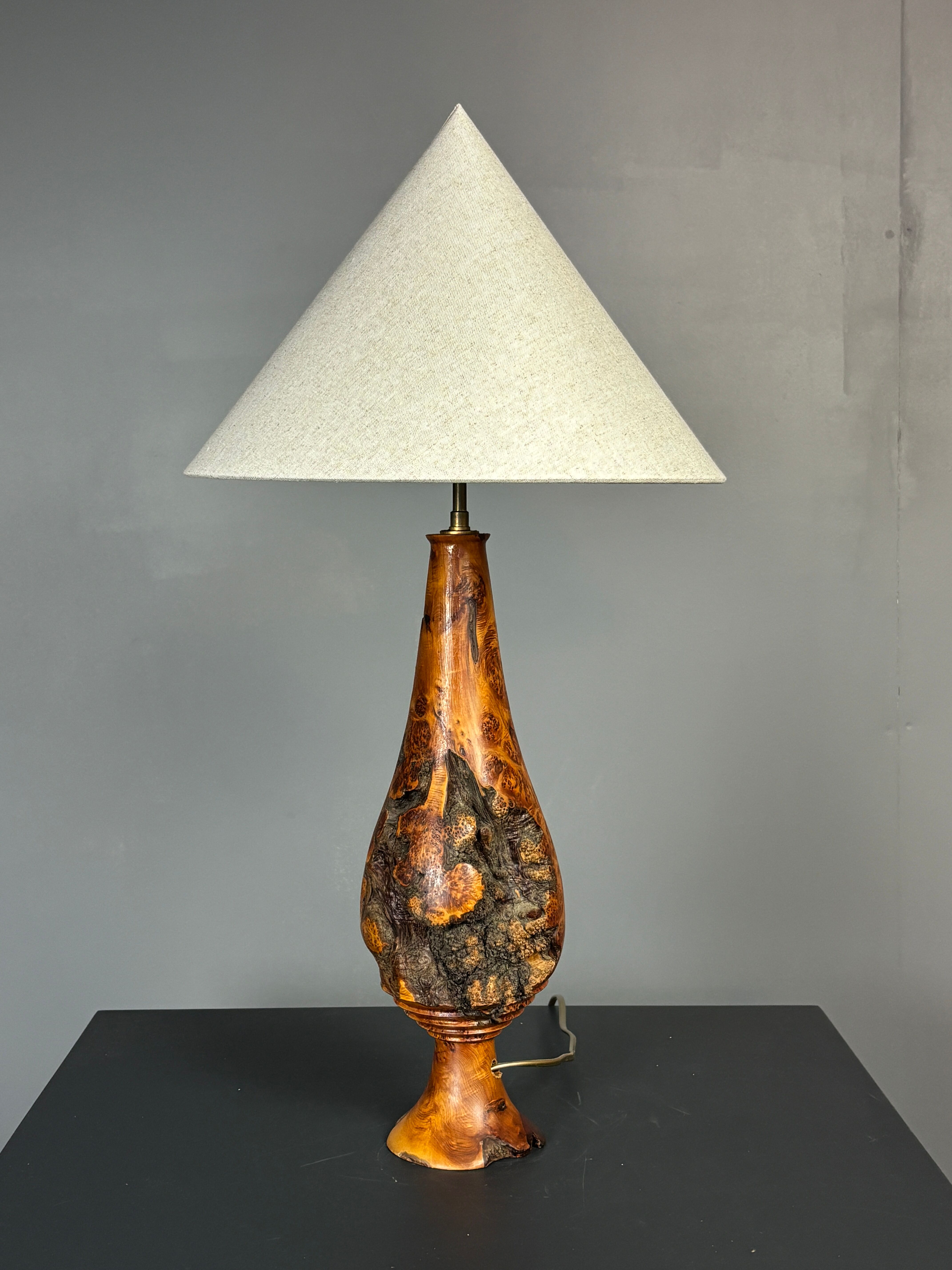 Sculptural artisanal brutalist midcentury burl wood turned table lamp 1960s