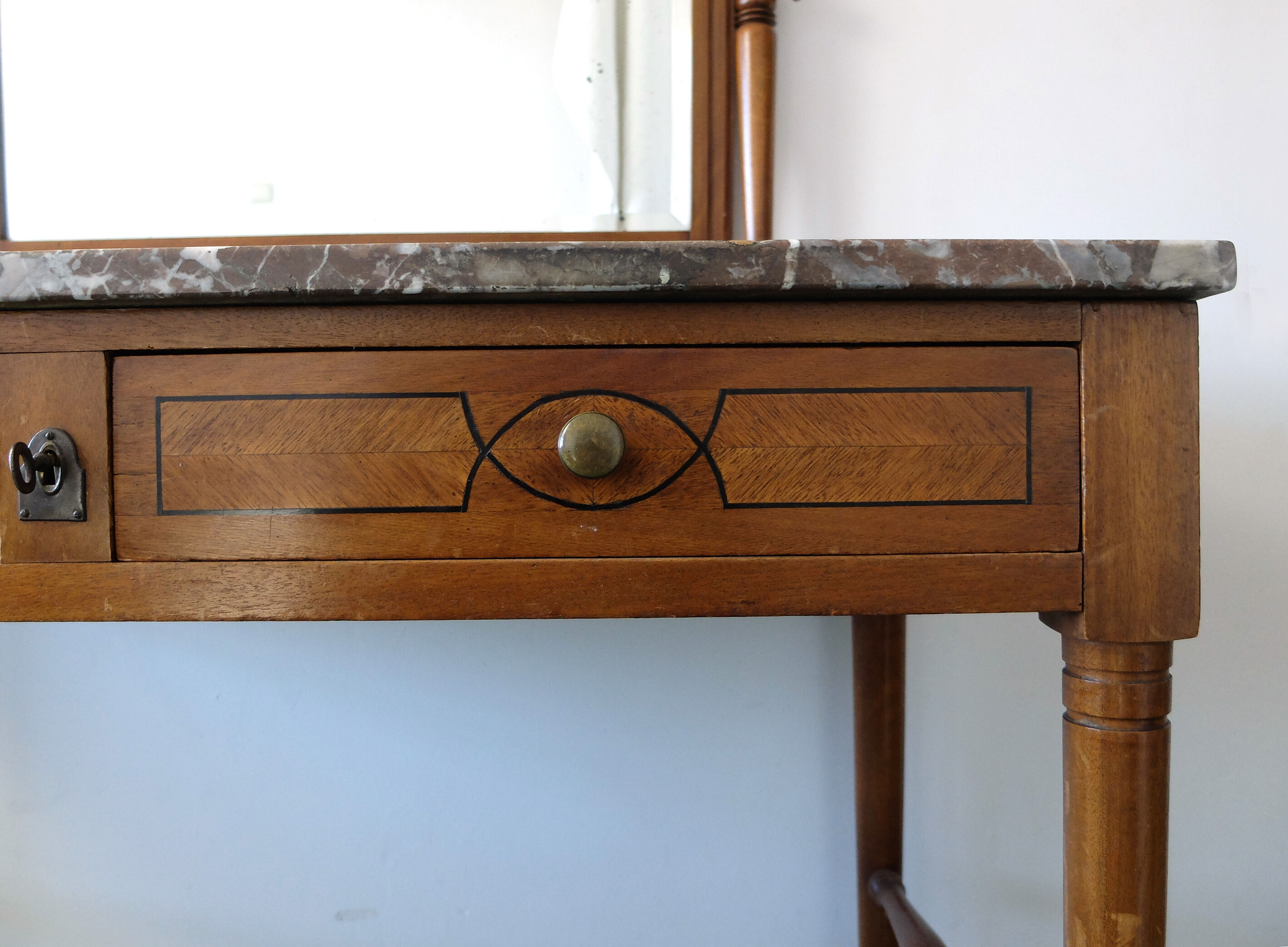 Belgian Art Deco dressing table with marquetry, red marble top, 1920-1930