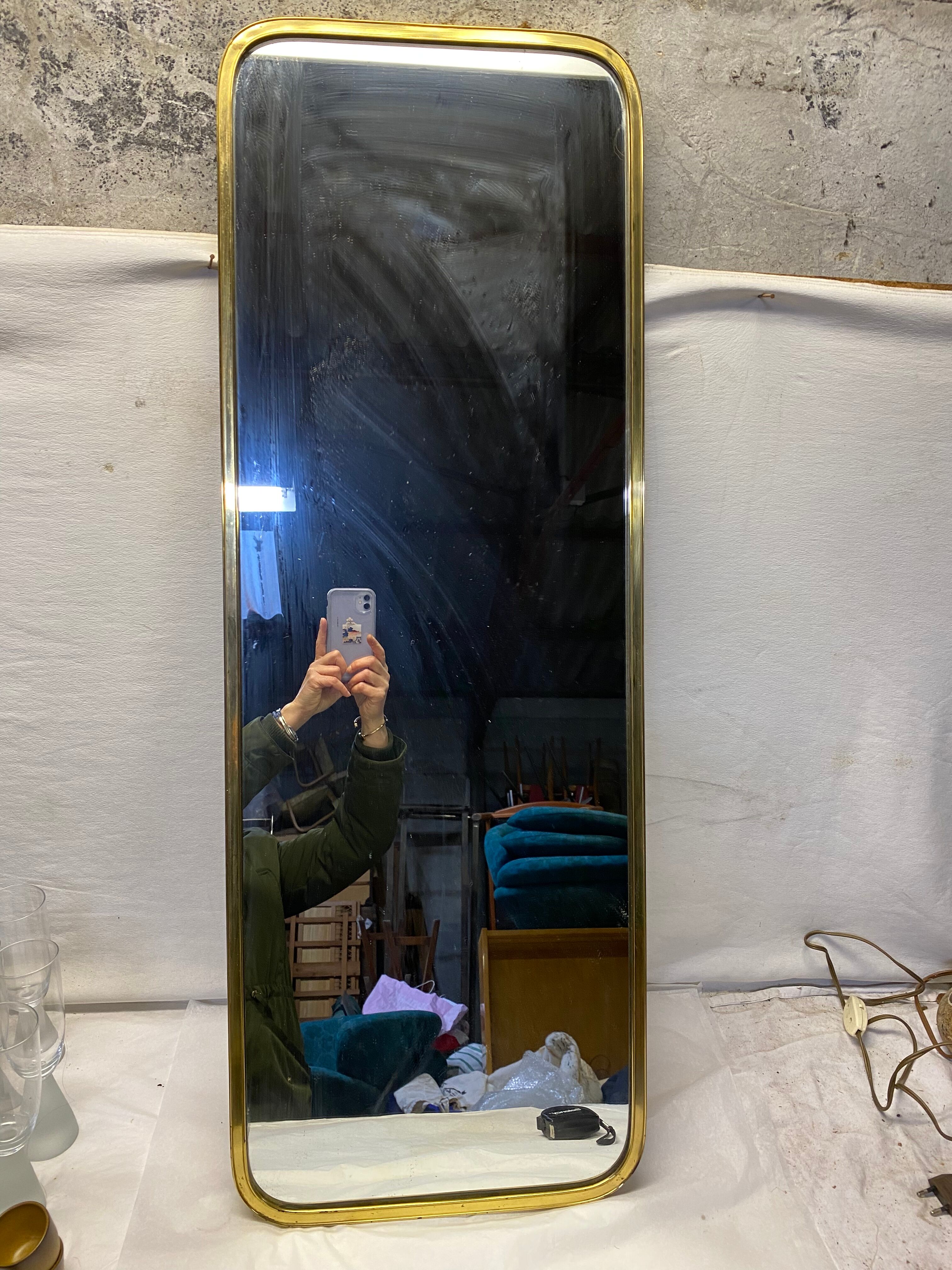 Large vintage mirror brass gold rearview mirror  36x100cm